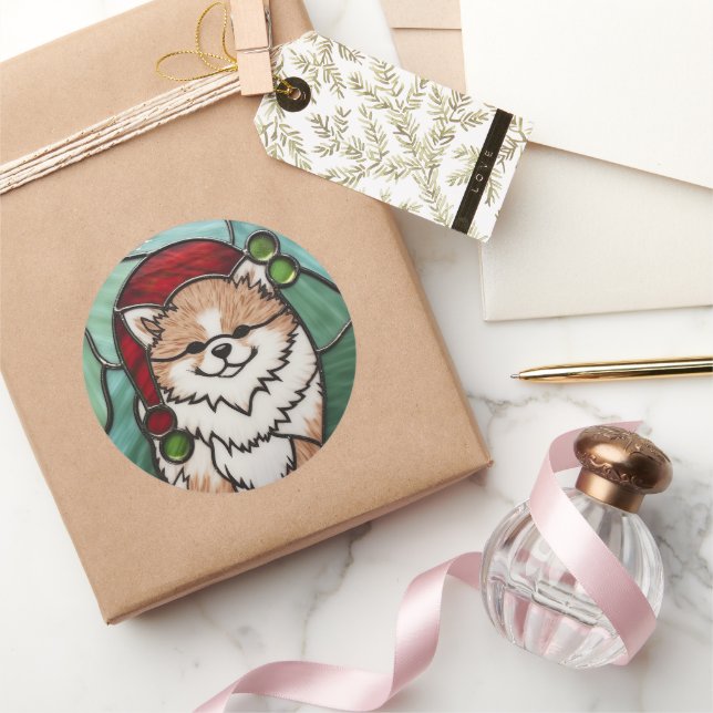 Pomeranian Stained Glass Christmas Classic Round Sticker (Gifting)