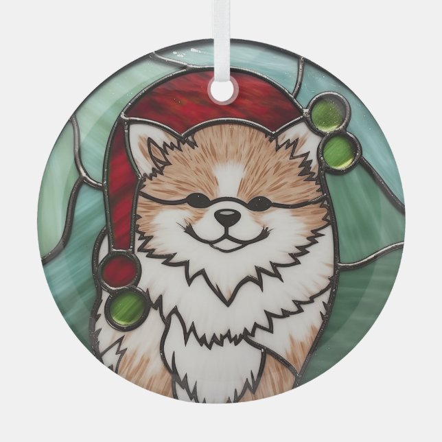 Pomeranian Stained Glass Christmas Glass Tree Decoration (Front)