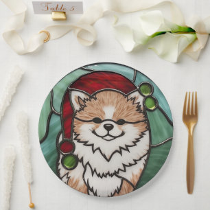Pomeranian Stained Glass Christmas Paper Plate
