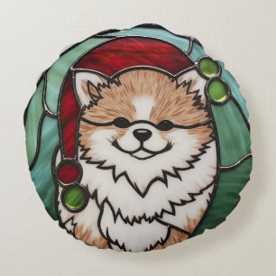 Pomeranian Stained Glass Christmas Round Cushion