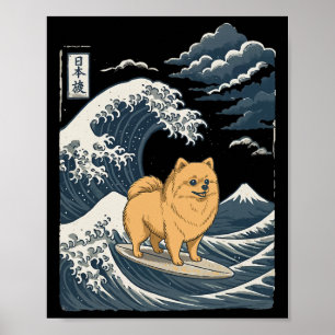 Pomeranian Surfing Japanese Wave _2 Poster