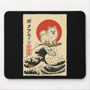 Pomeranian Surfing Japanese Wave Mouse Mat