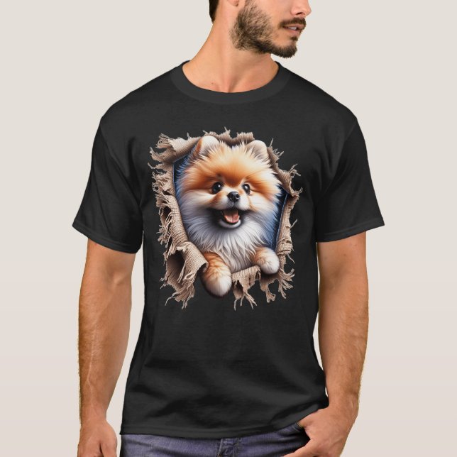 Pomeranian Tearing Out Ripping Through Clothes T-Shirt (Front)