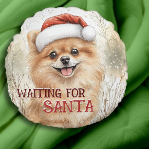 Pomeranian Waiting For Santa Pom Dog Watercolor  Round Cushion