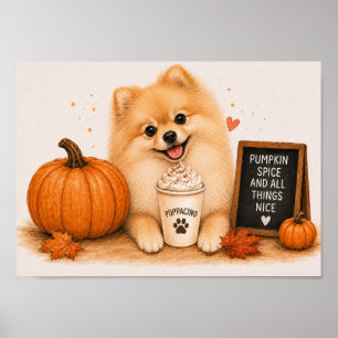 Pomeranian Warm Pumpkin Spice Puppaccino A4 Poster