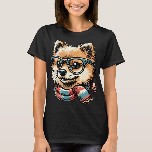 Pomeranian wearing  Glasses T-Shirt (Front)