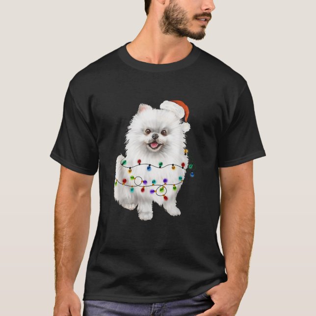 Pomeranian White Santa Christmas Tree Lights Xmas  T-Shirt (Front)