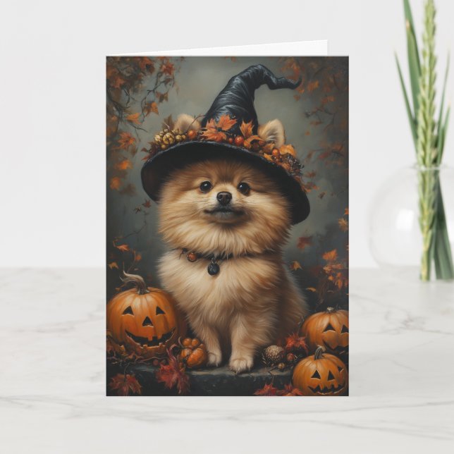 Pomeranian Witch Halloween Holiday Card (Front)