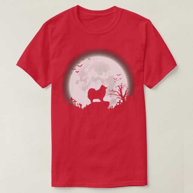 Pomeranian with big moon halloween background T-Shirt (Design Front)