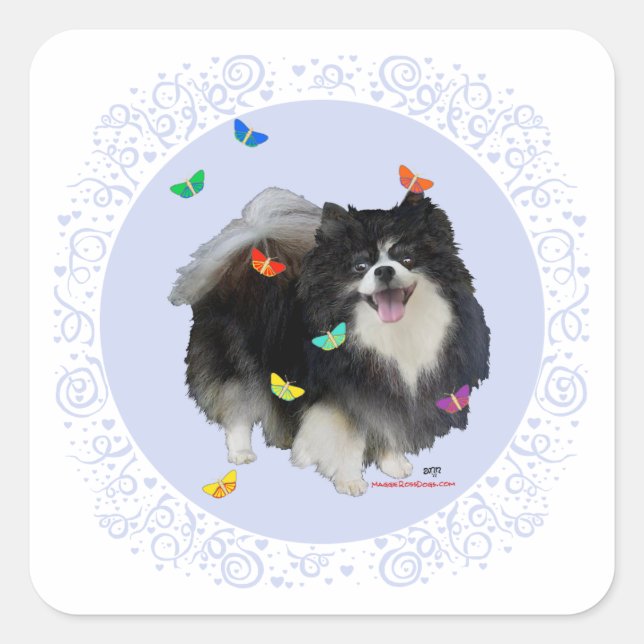 Pomeranian with Butterflies Square Sticker (Front)