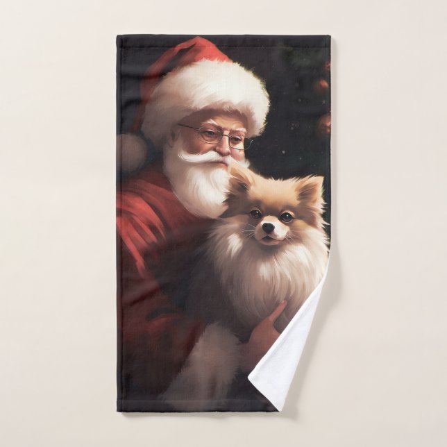 Pomeranian With Santa Claus Festive Christmas  Bath Towel Set (Hand Towel)