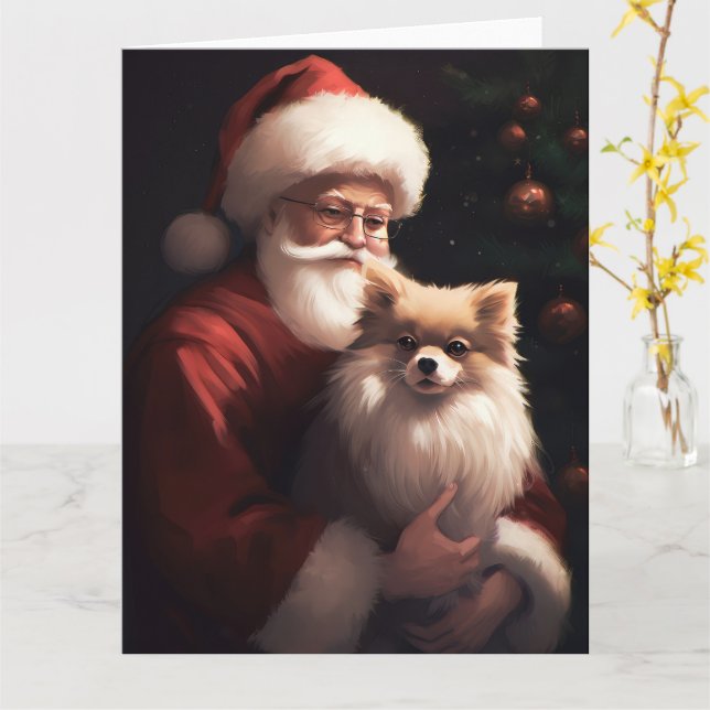 Pomeranian With Santa Claus Festive Christmas  Card (Yellow Flower)