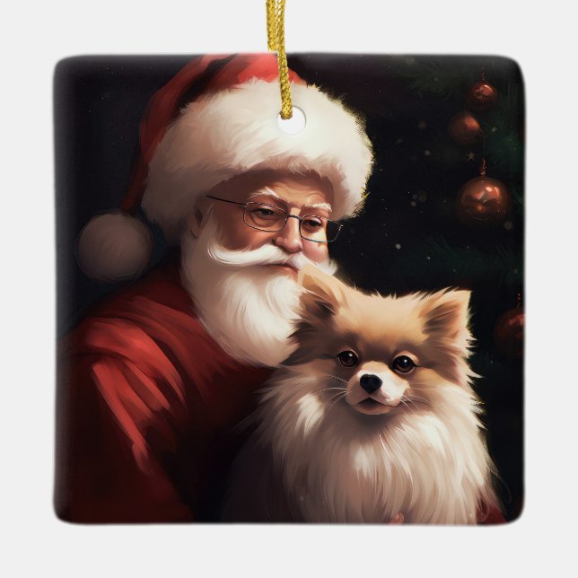 Pomeranian With Santa Claus Festive Christmas  Ceramic Ornament (Front)