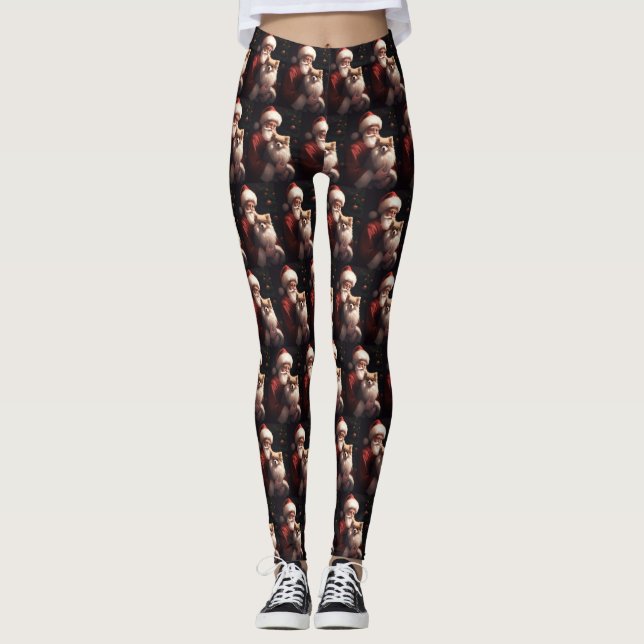 Pomeranian With Santa Claus Festive Christmas  Leggings (Front)