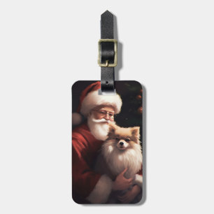 Pomeranian With Santa Claus Festive Christmas Luggage Tag