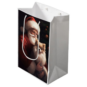 Pomeranian With Santa Claus Festive Christmas  Medium Gift Bag