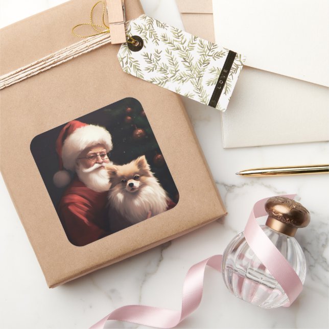 Pomeranian With Santa Claus Festive Christmas  Square Sticker (Gifting)