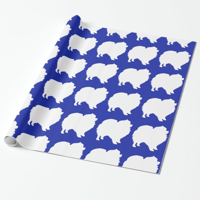 Pomeranian wrapping paper white silhouette blue (Unrolled)
