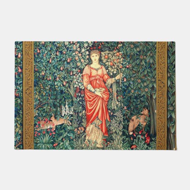 POMONA HOLDING FRUITS IN GREENERY, FOREST ANIMALS  DOORMAT (Front)