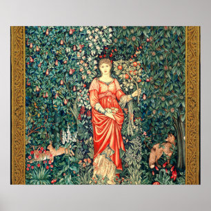 POMONA HOLDING FRUITS IN GREENERY, FOREST ANIMALS POSTER
