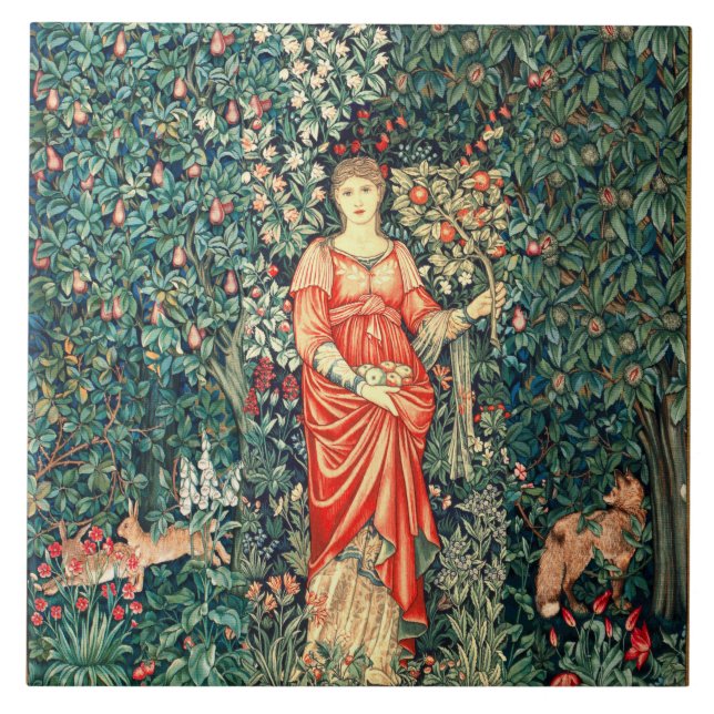POMONA HOLDING FRUITS IN GREENERY, FOREST ANIMALS  TILE (Front)