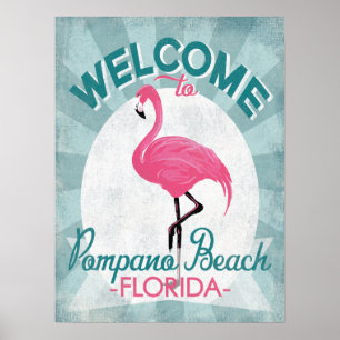 Pompano Beach Florida Pink Flamingo Retro Poster