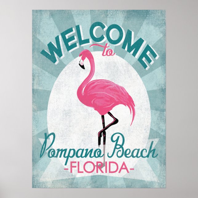 Pompano Beach Florida Pink Flamingo Retro Poster (Front)