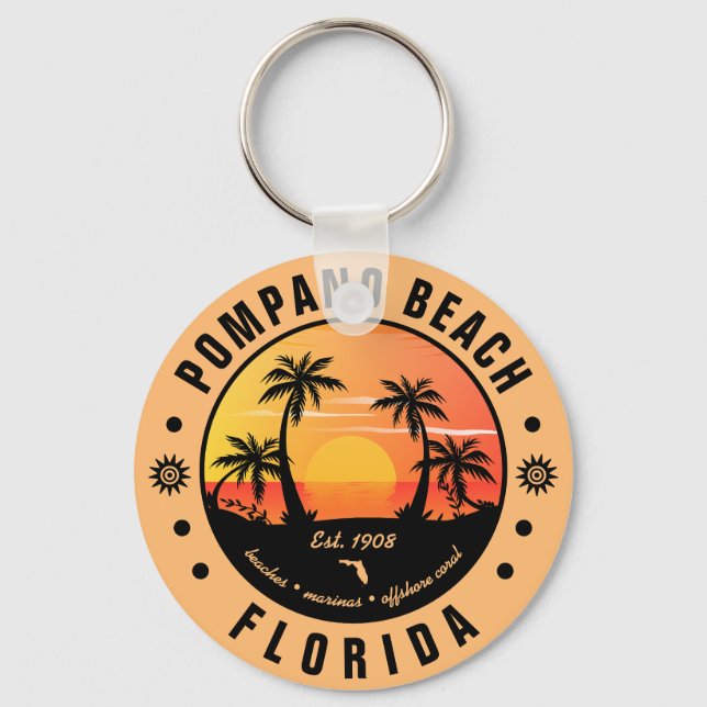 Pompano Beach Florida Retro Sunset Souvenir 80s Key Ring (Front)
