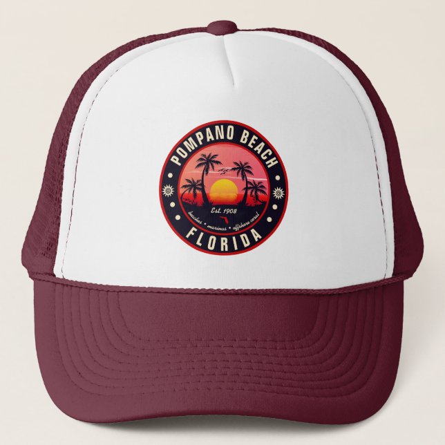 Pompano Beach Florida Retro Sunset Souvenir 80s Trucker Hat (Front)