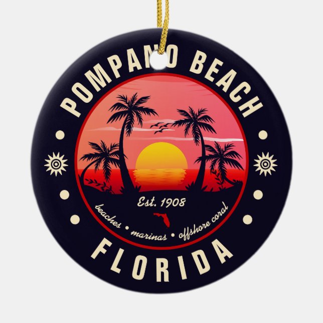 Pompano Beach Florida Retro Sunset Souvenir Ceramic Tree Decoration (Front)