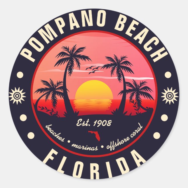Pompano Beach Florida Retro Sunset Souvenir Classic Round Sticker (Front)
