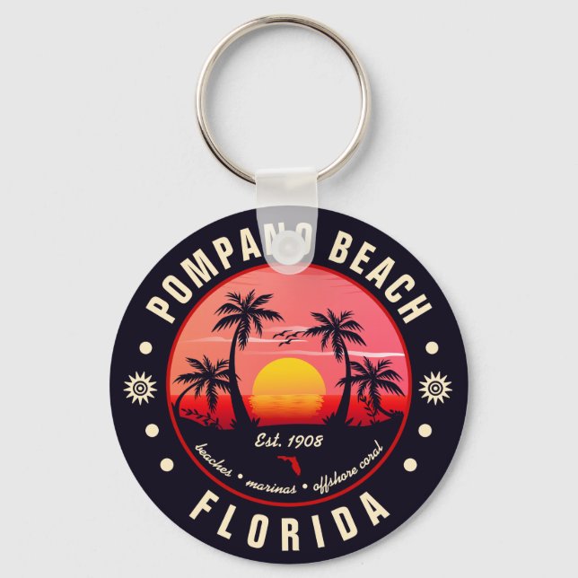 Pompano Beach Florida Retro Sunset Souvenir Key Ring (Front)