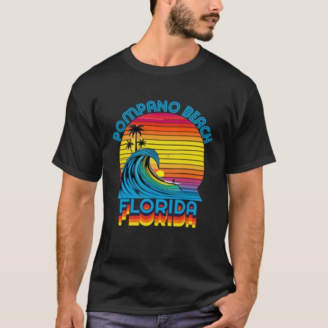 Pompano Beach Florida Retro Throwback Surf & Beach T-Shirt (Front)