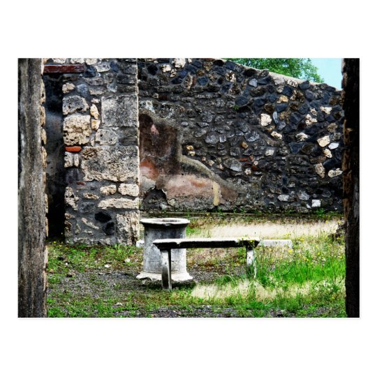 Pompei courtyard marble fountain and bench postcard