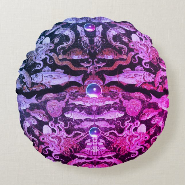 POMPEII COLLECTION/ SEA LIFE Nautical Pink Blue Round Cushion (Front)