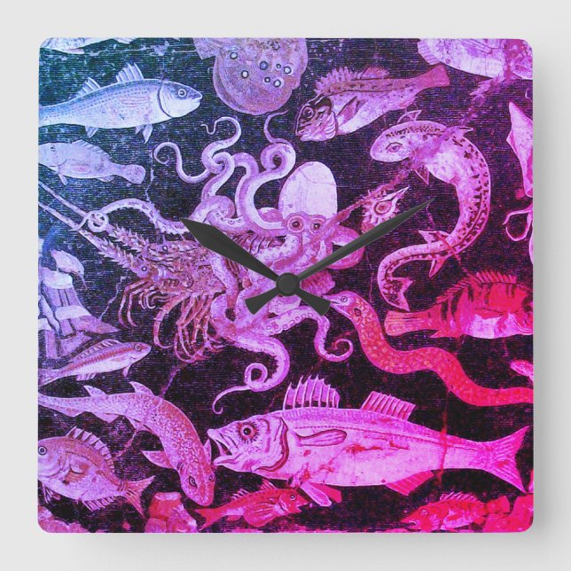 POMPEII COLLECTION SEA LIFE Pink Blue Nautical Square Wall Clock (Front)