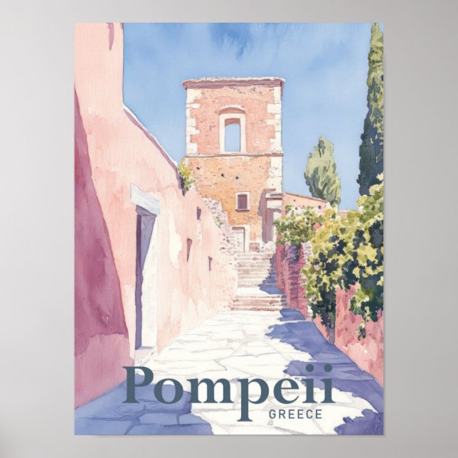 Pompeii Greece Watercolor Painting Travel Poster (Front)