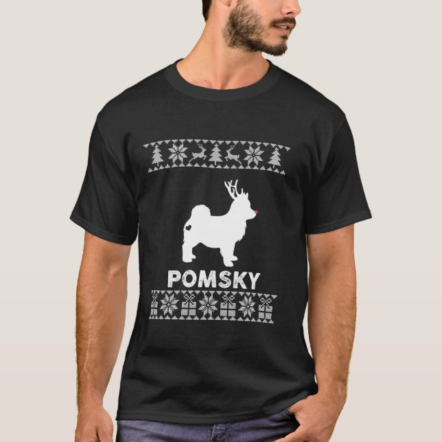Pomsky Dog Lover Christmas Reindeer Ugly Christmas T-Shirt (Front)