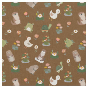 Pond Animals & Lily Pads on Brown Fabric