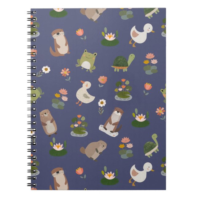 Pond Animals & Lily Pads on Dark Blue Notebook (Front)