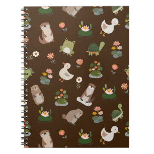Pond Animals & Lily Pads on Dark Brown Notebook