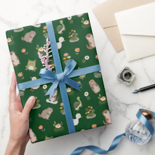 Pond Animals & Lily Pads on Dark Green Wrapping Paper