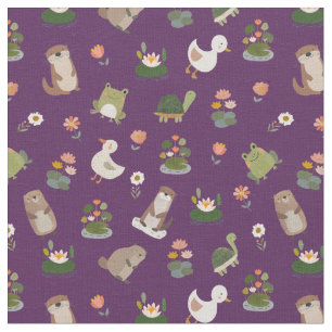 Pond Animals & Lily Pads on Dark Purple Fabric
