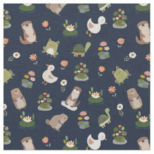 Pond Animals & Lily Pads on Darkest Blue Fabric