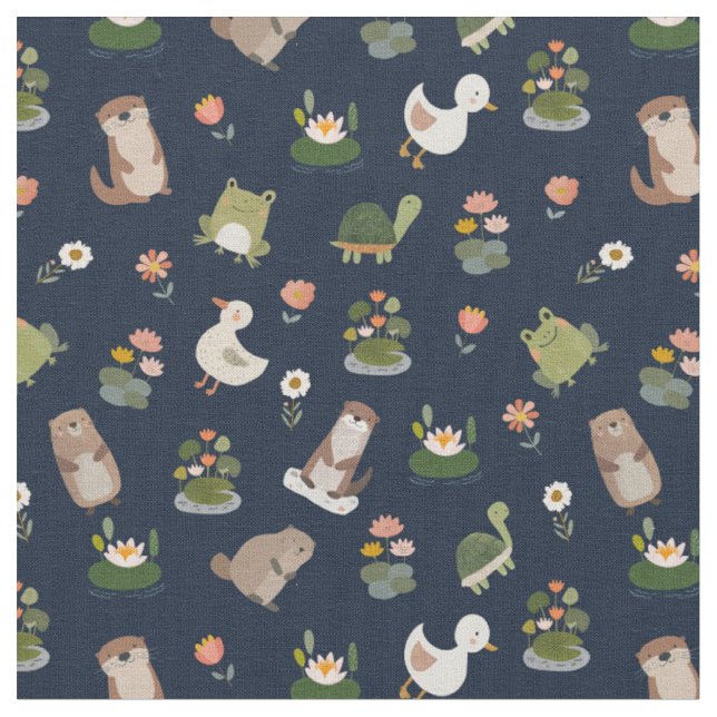 Pond Animals & Lily Pads on Darkest Blue Fabric (Close Up)