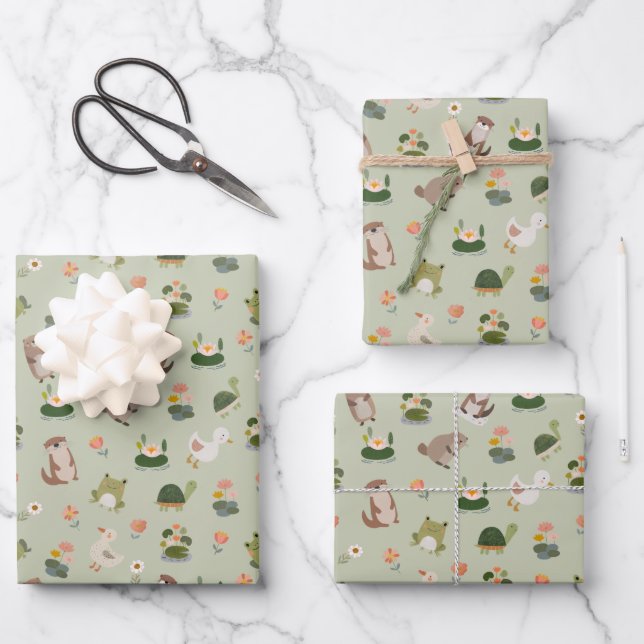 Pond Animals & Lily Pads on Gin Green Wrapping Paper Sheet (Front)