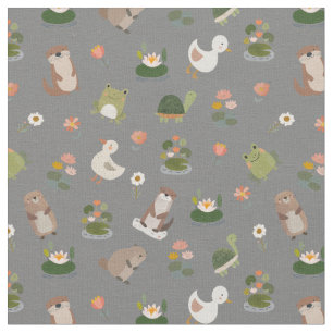 Pond Animals & Lily Pads on Gray Fabric