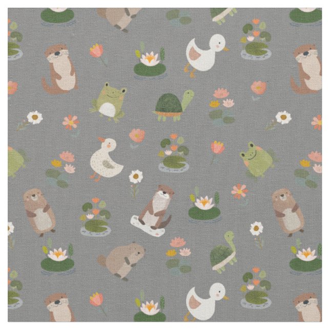 Pond Animals & Lily Pads on Gray Fabric (Close Up)