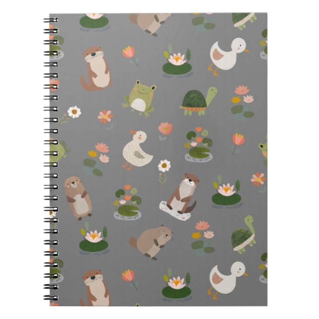 Pond Animals & Lily Pads on Gray Notebook (Front)