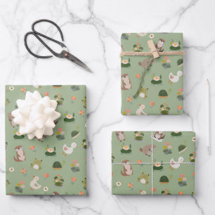 Pond Animals & Lily Pads on Light Green Wrapping Paper Sheet